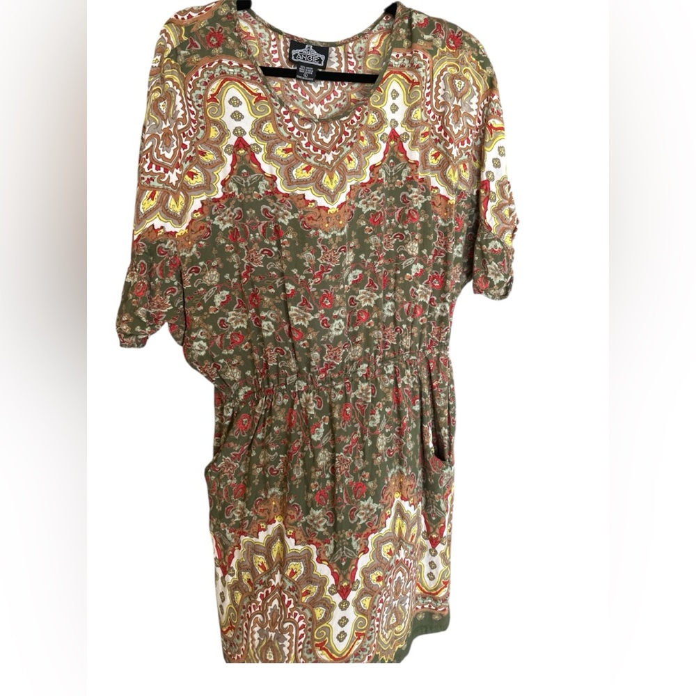 ANGIE -  Dolman Sleeve Mini Dress with Red and Brown and green Floral Design